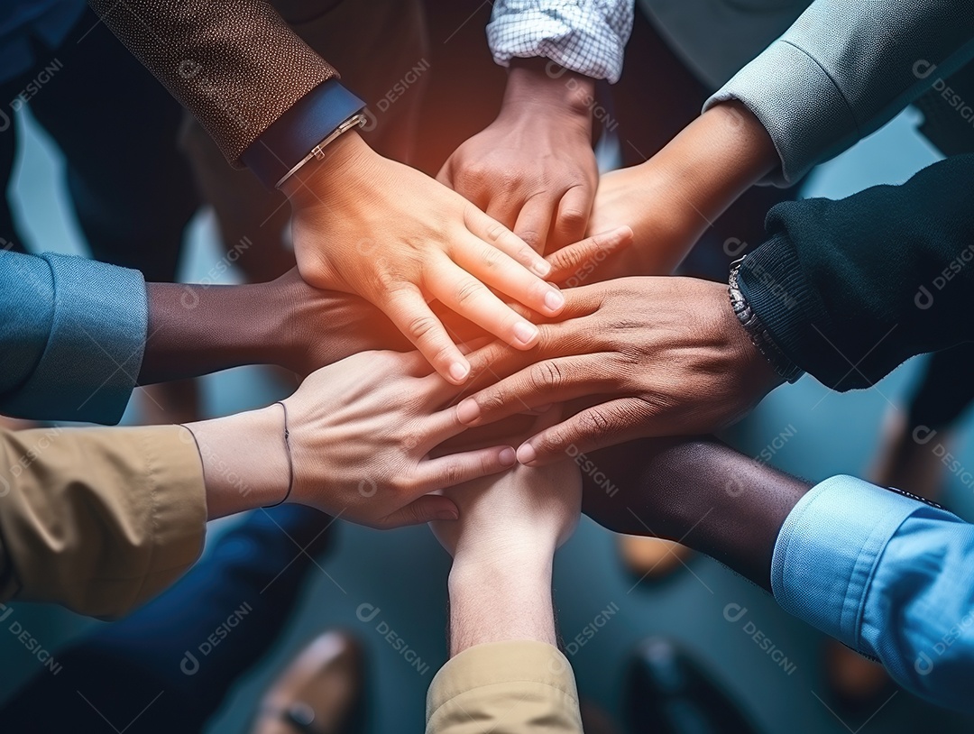 Grupo diversificado de empresários juntou as mãos na pilha