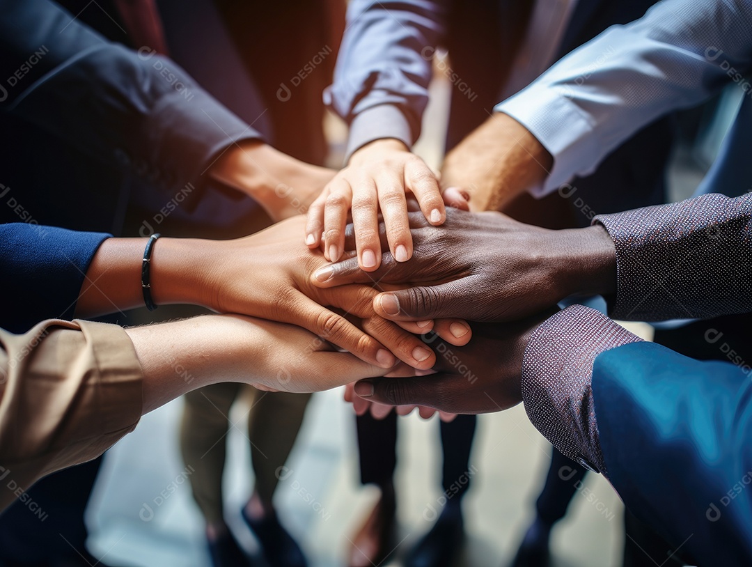 Grupo diversificado de empresários juntou as mãos na pilha