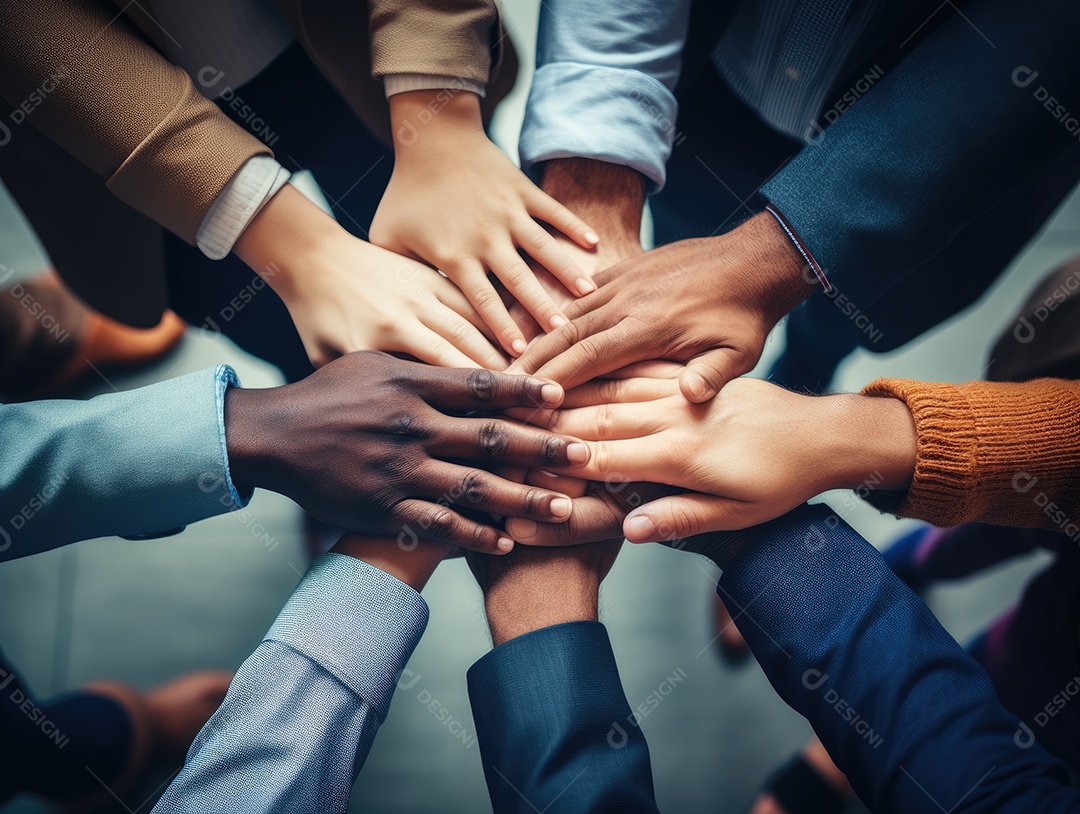 Grupo diversificado de empresários juntou as mãos na pilha