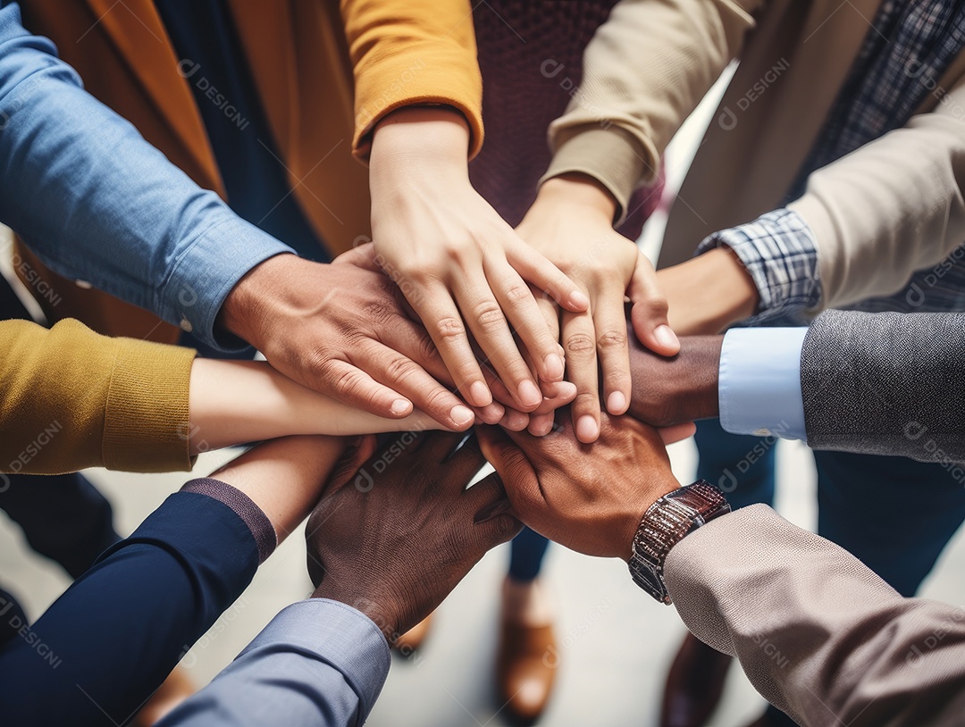 Grupo diversificado de empresários juntou as mãos na pilha