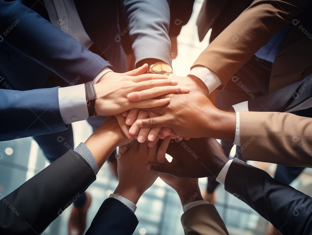 Grupo diversificado de empresários juntou as mãos na pilha