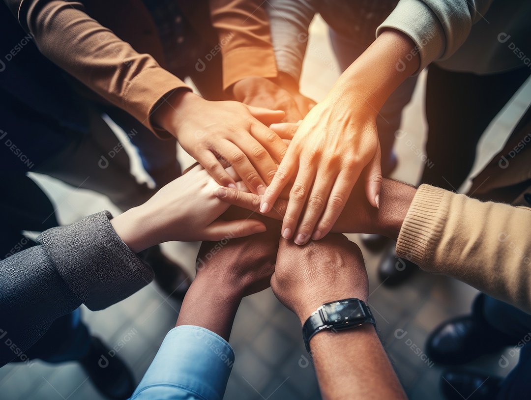 Grupo diversificado de empresários juntou as mãos na pilha