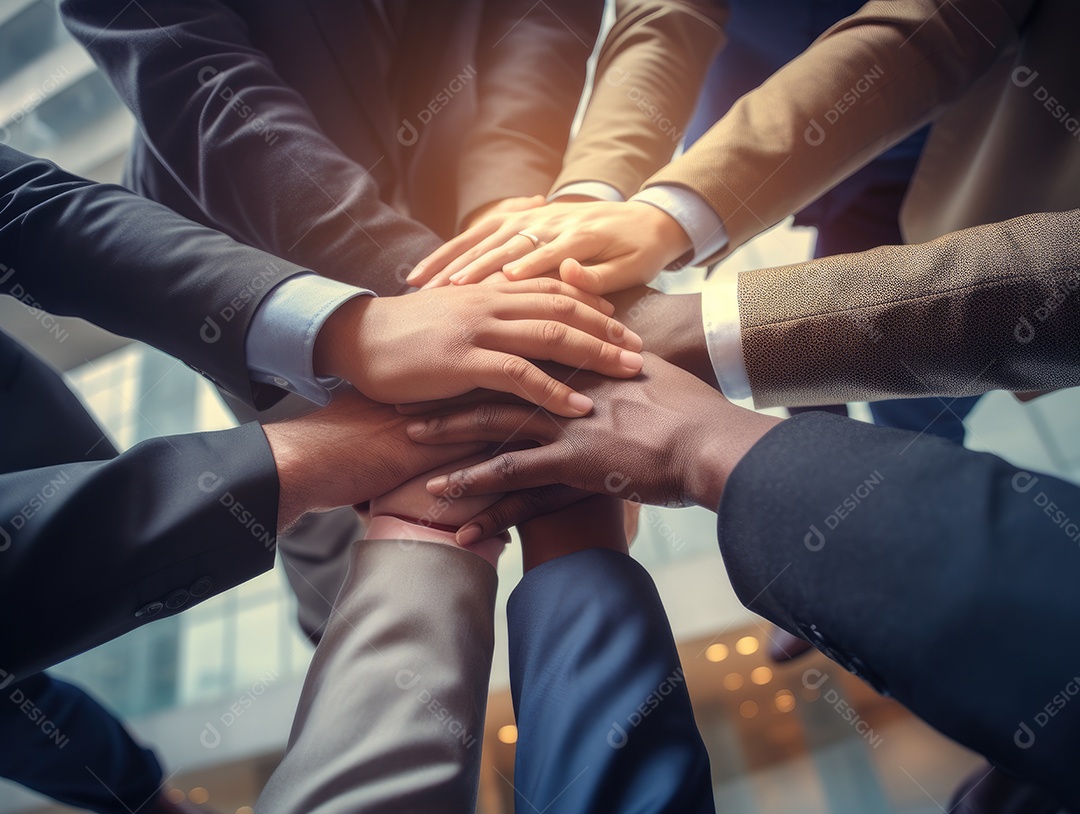 Grupo diversificado de empresários juntou as mãos na pilha