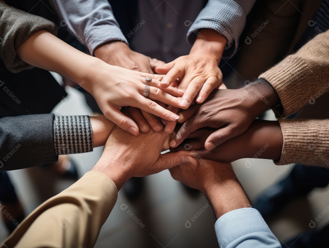 Grupo diversificado de empresários juntou as mãos na pilha