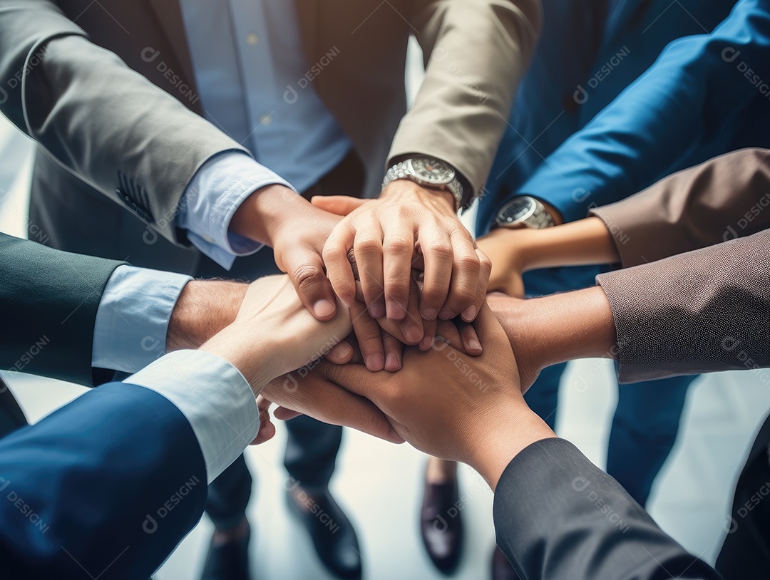 Grupo diversificado de empresários juntou as mãos na pilha