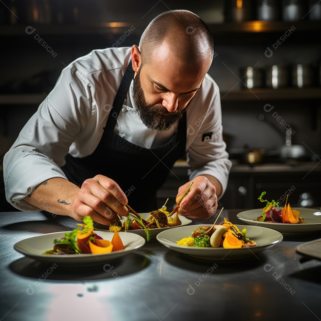 Chef preparando comida, frutas, na cozinha, chef cozinhando, prato de decoração do chef