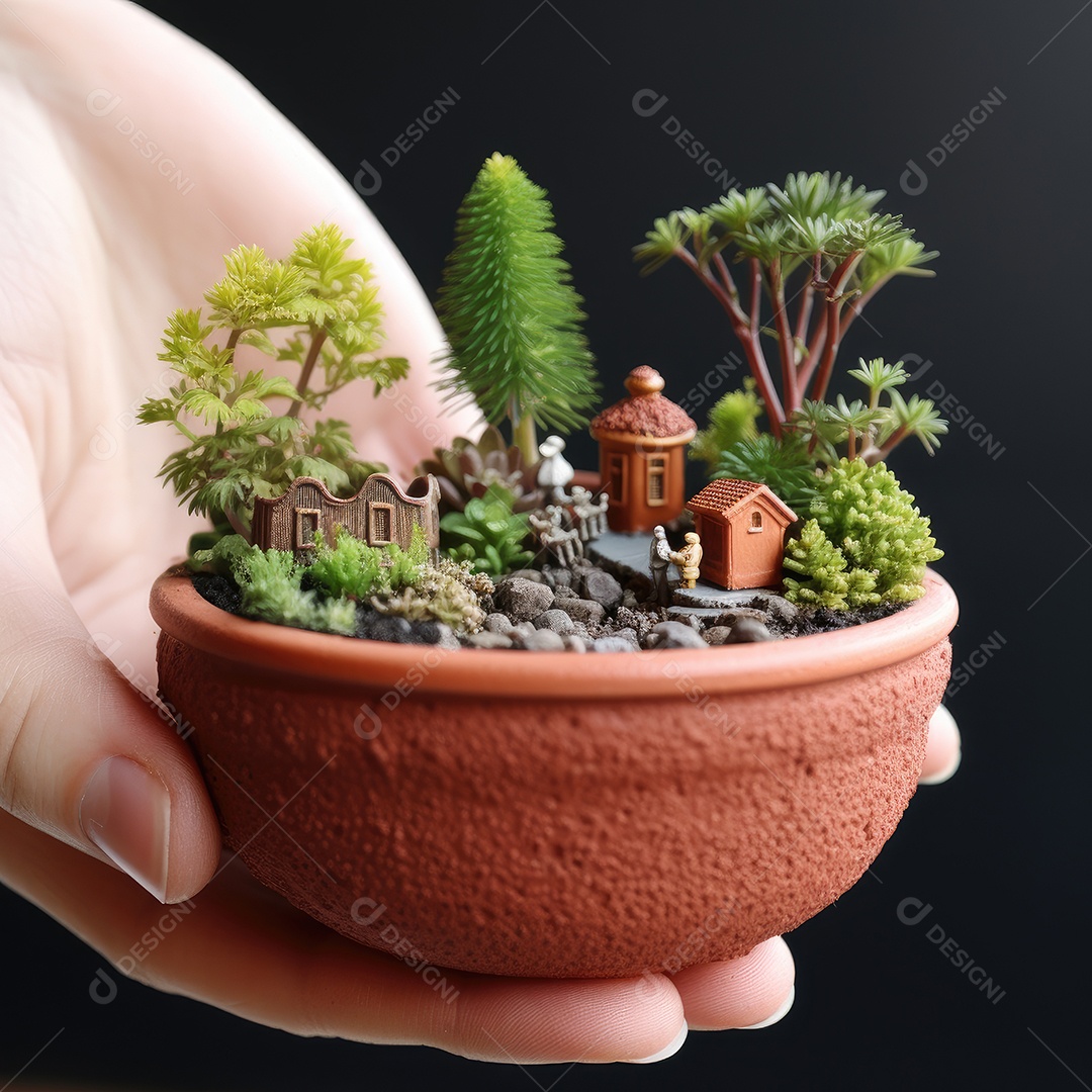 Pequeno pote de terracota à mão. mão segurando um pequeno plantador de terracota com suculenta sedum