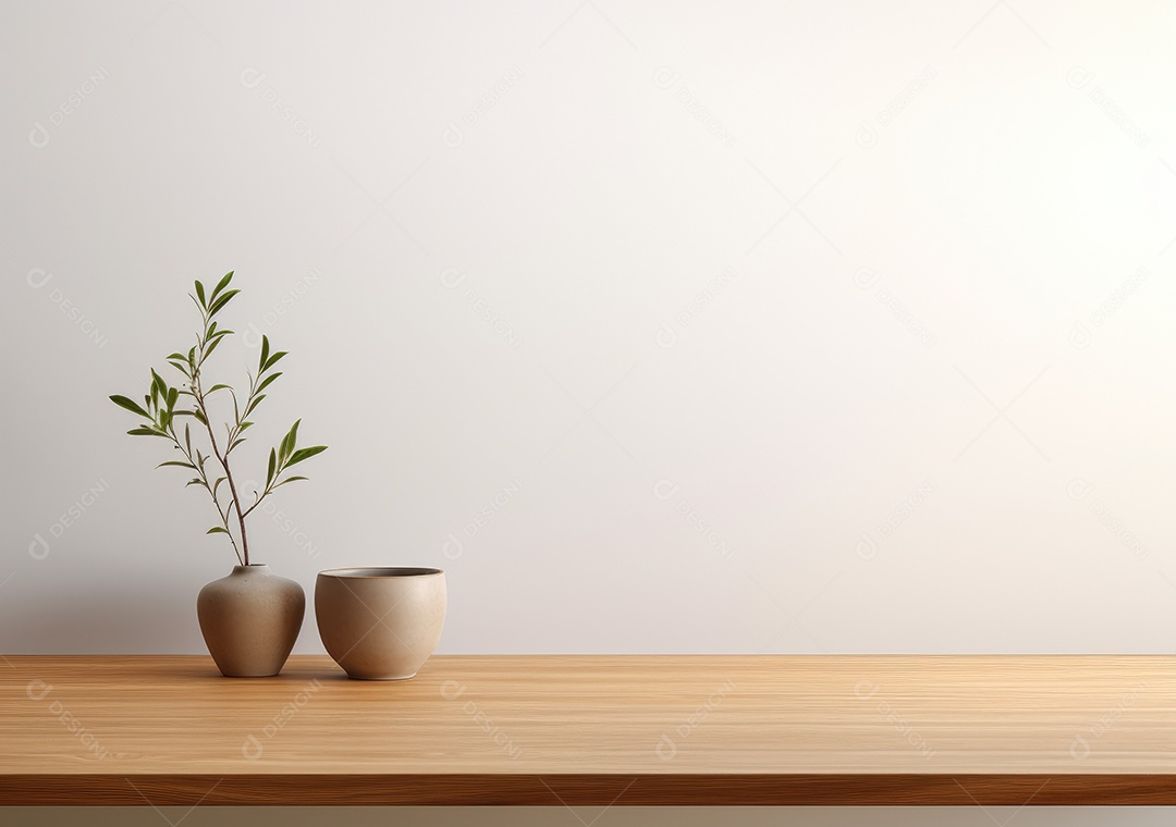 Espaço de maquete vazio em uma mesa de madeira contra plantas em uma panela,