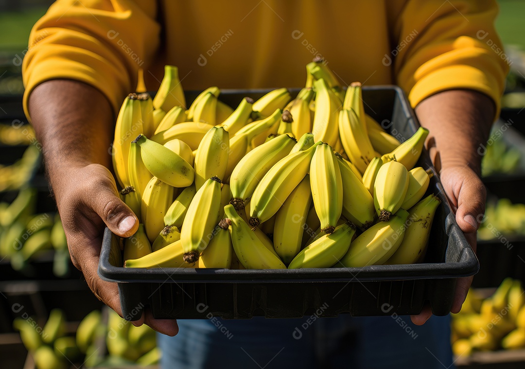 Jovem agricultor com banana recentemente colhida na cesta. Segurando a mão