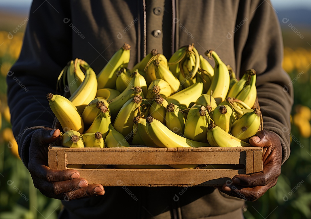Jovem agricultor com banana recentemente colhida na cesta. Segurando a mão