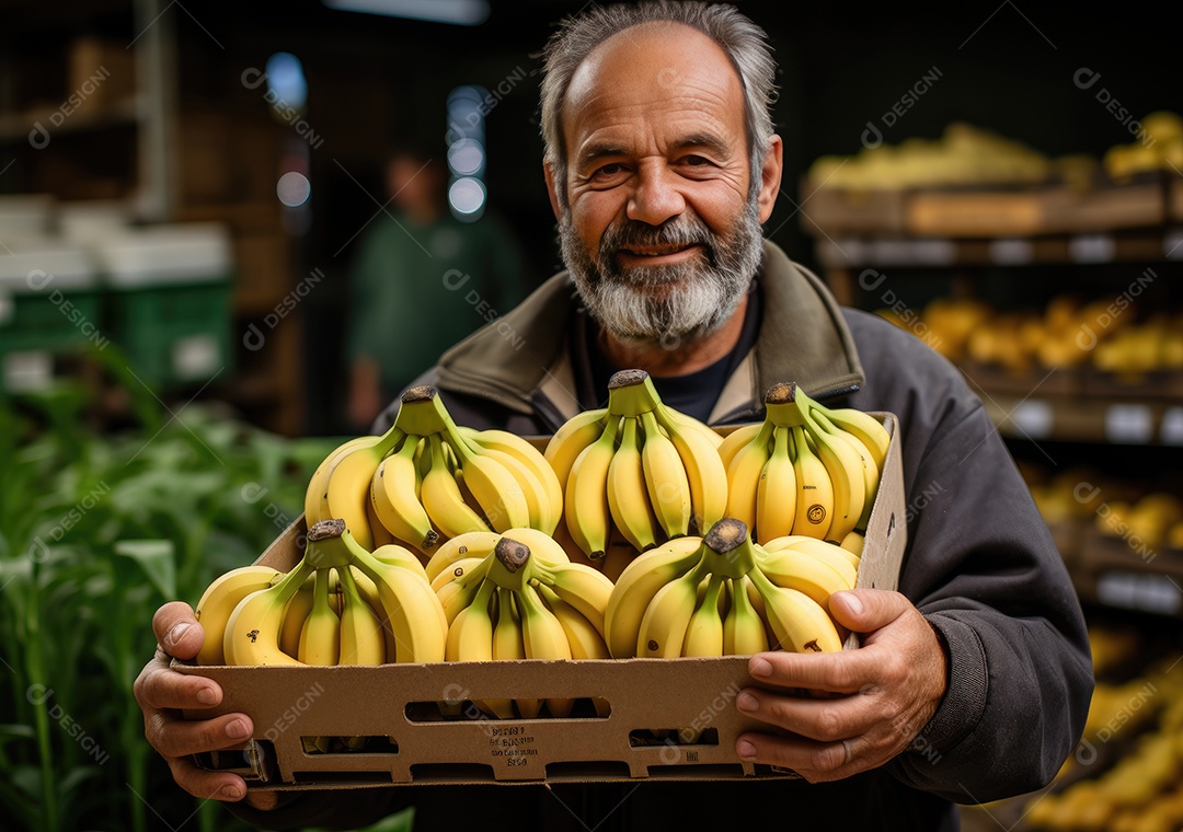 Jovem agricultor com banana recentemente colhida na cesta. Segurando a mão