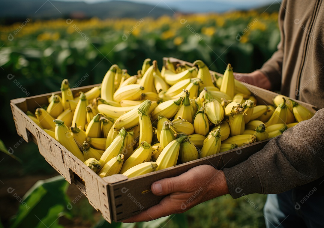 Jovem agricultor com banana recentemente colhida na cesta. Segurando a mão