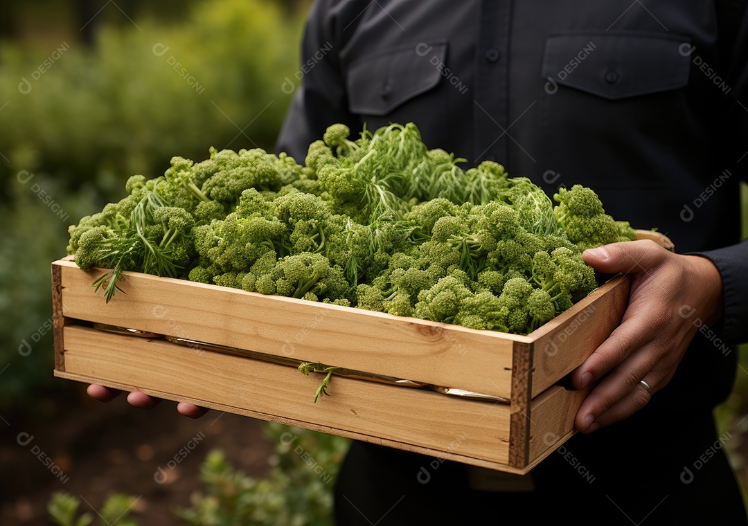 Jovem agricultor com espinafre recentemente colhido na cesta. Segurando a mão