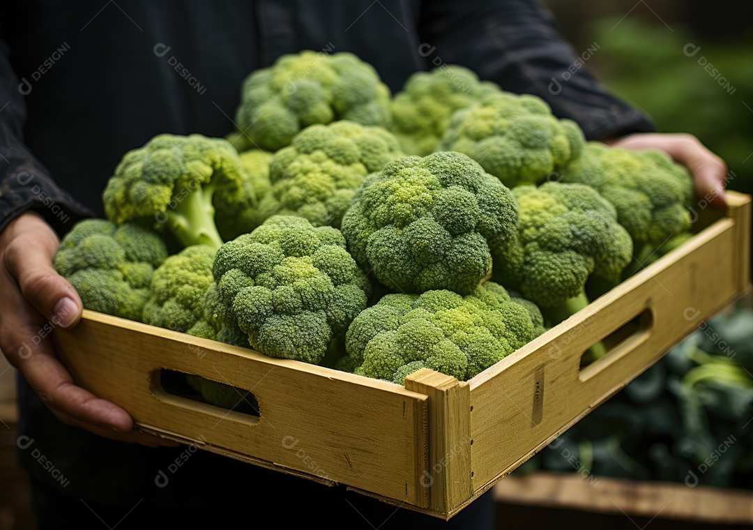 Jovem agricultor com espinafre recentemente colhido na cesta. Segurando a mão