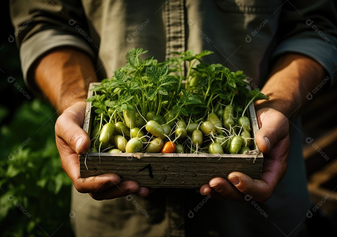 Jovem agricultor com espinafre recentemente colhido na cesta. Segurando a mão