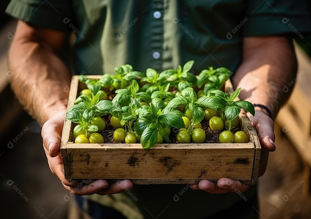 Jovem agricultor com espinafre recentemente colhido na cesta. Segurando a mão