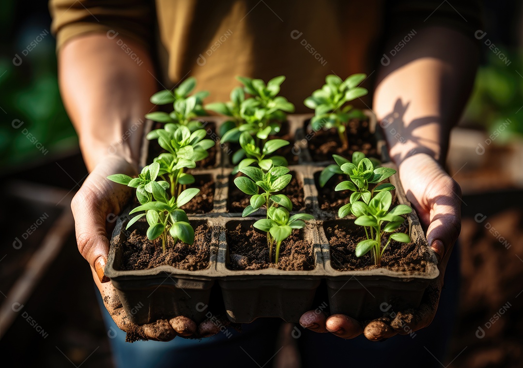Jovem agricultor com espinafre recentemente colhido na cesta. Segurando a mão