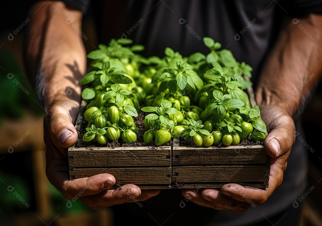 Jovem agricultor com espinafre recentemente colhido na cesta. Segurando a mão