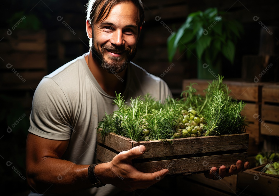 Jovem agricultor com espinafre recentemente colhido na cesta. Segurando a mão