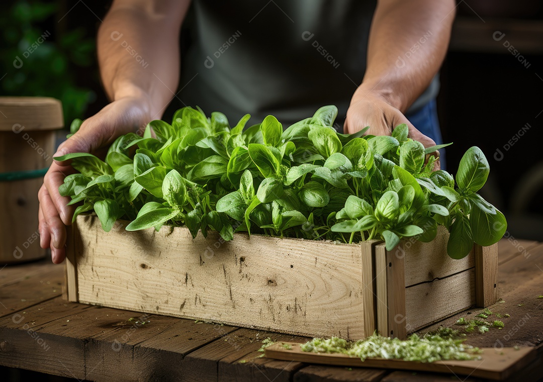 Jovem agricultor com espinafre recentemente colhido na cesta. Segurando a mão