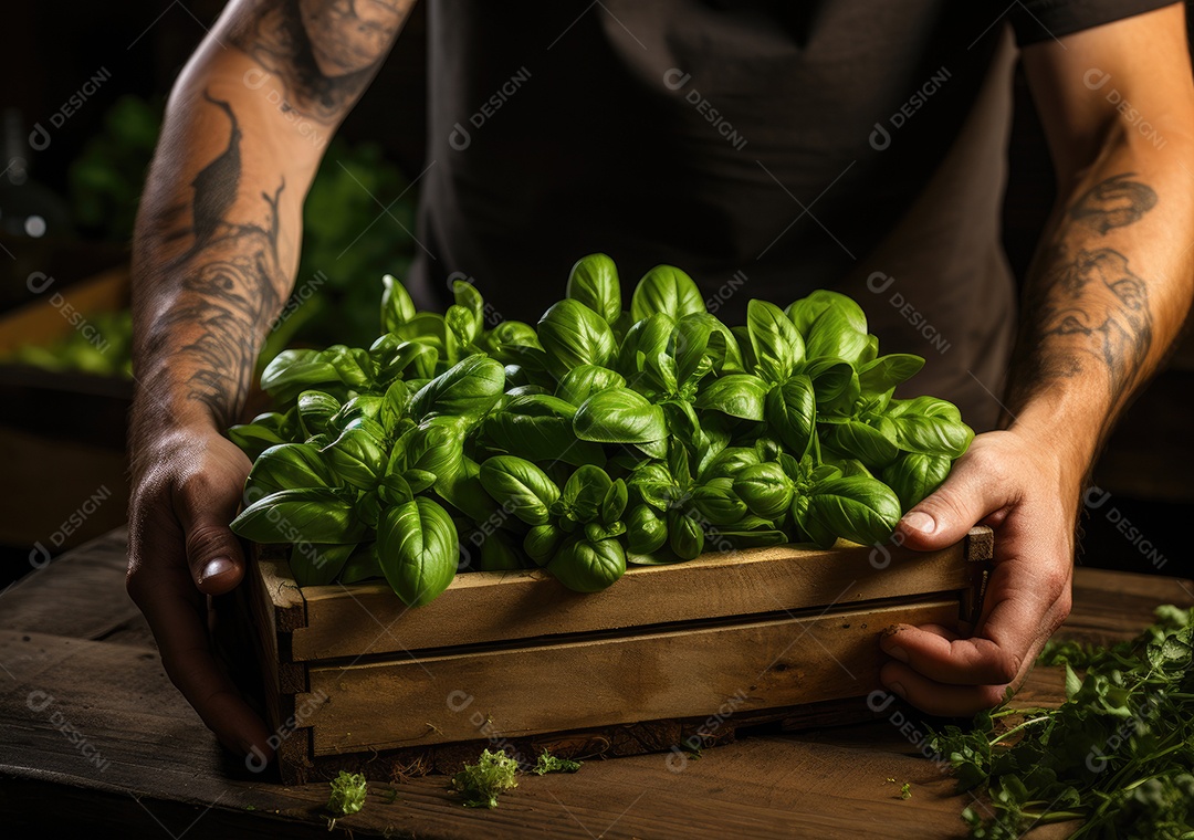 Jovem agricultor com espinafre recentemente colhido na cesta. Segurando a mão