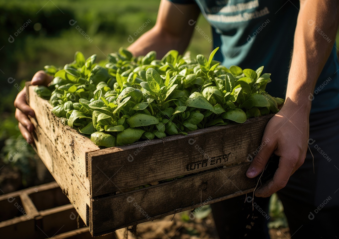 Jovem agricultor com espinafre recentemente colhido na cesta. Segurando a mão