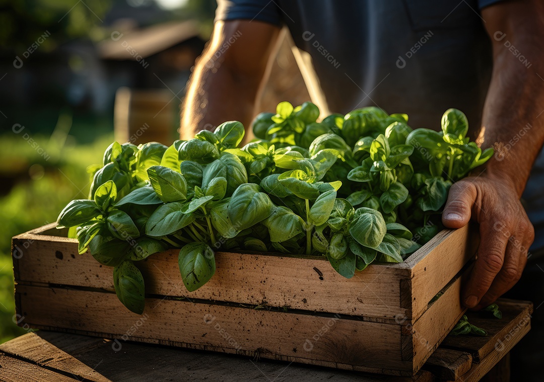 Jovem agricultor com espinafre recentemente colhido na cesta. Segurando a mão