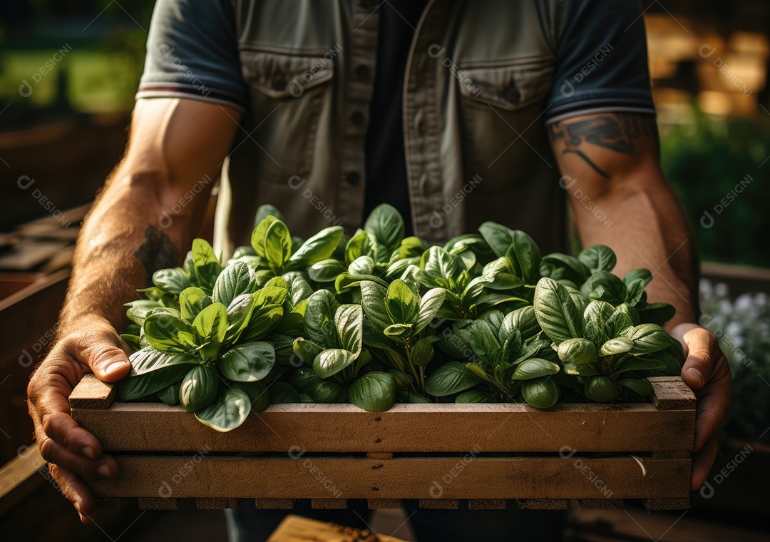 Jovem agricultor com espinafre recentemente colhido na cesta. Segurando a mão