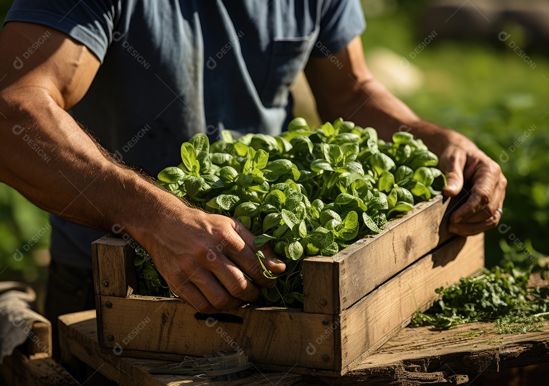 Jovem agricultor com espinafre recentemente colhido na cesta. Segurando a mão