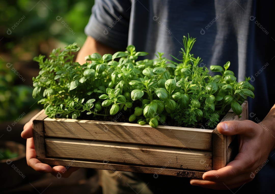 Jovem agricultor com espinafre recentemente colhido na cesta. Segurando a mão