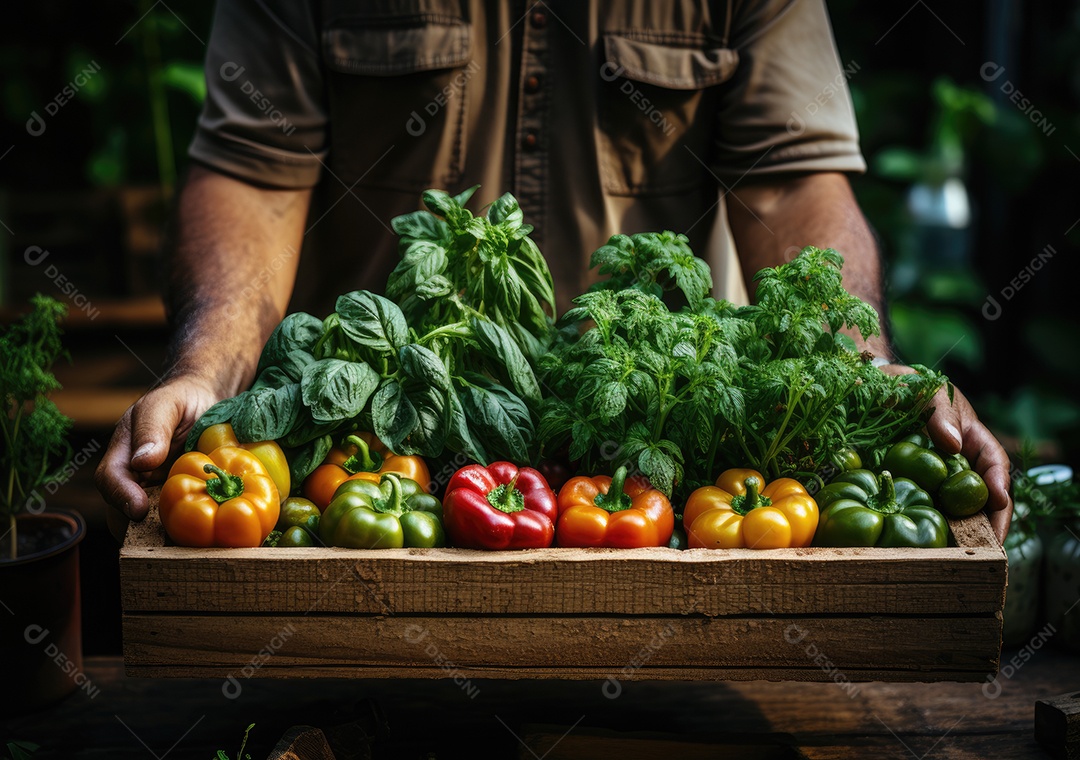 Jovem agricultor com espinafre recentemente colhido na cesta. Segurando a mão