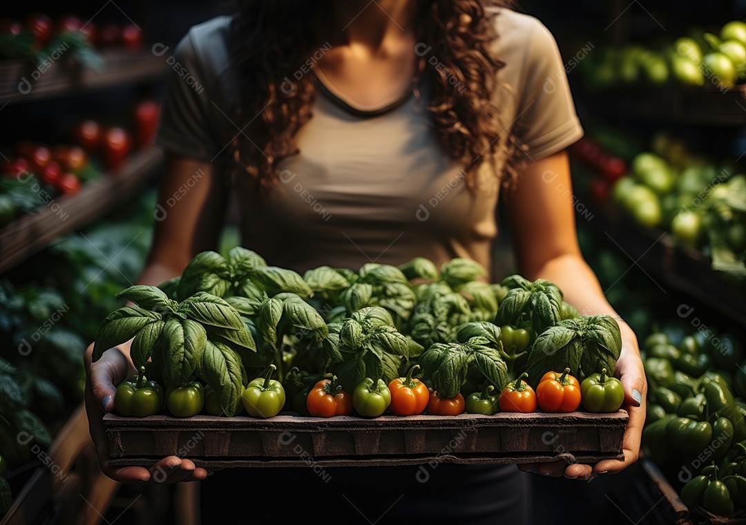 Jovem agricultor com espinafre recentemente colhido na cesta. Segurando a mão