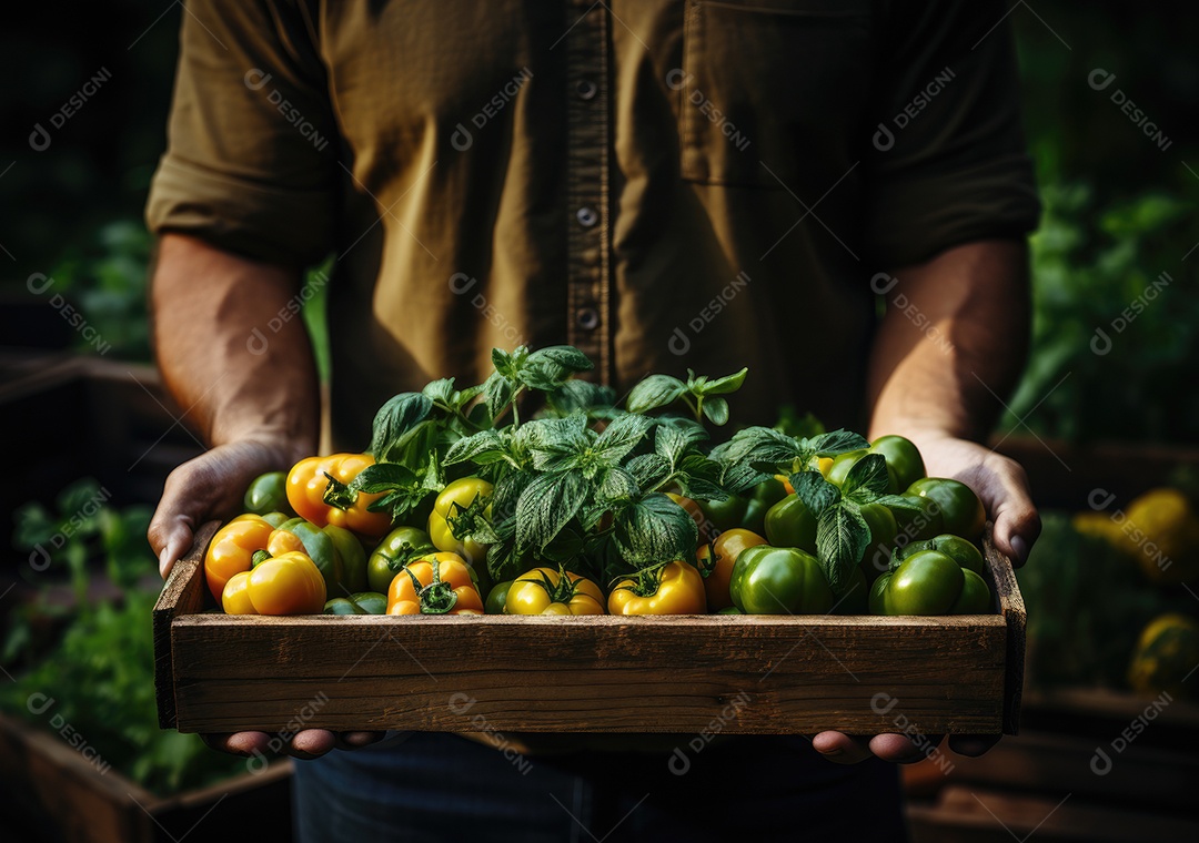 Jovem agricultor com espinafre recentemente colhido na cesta. Segurando a mão