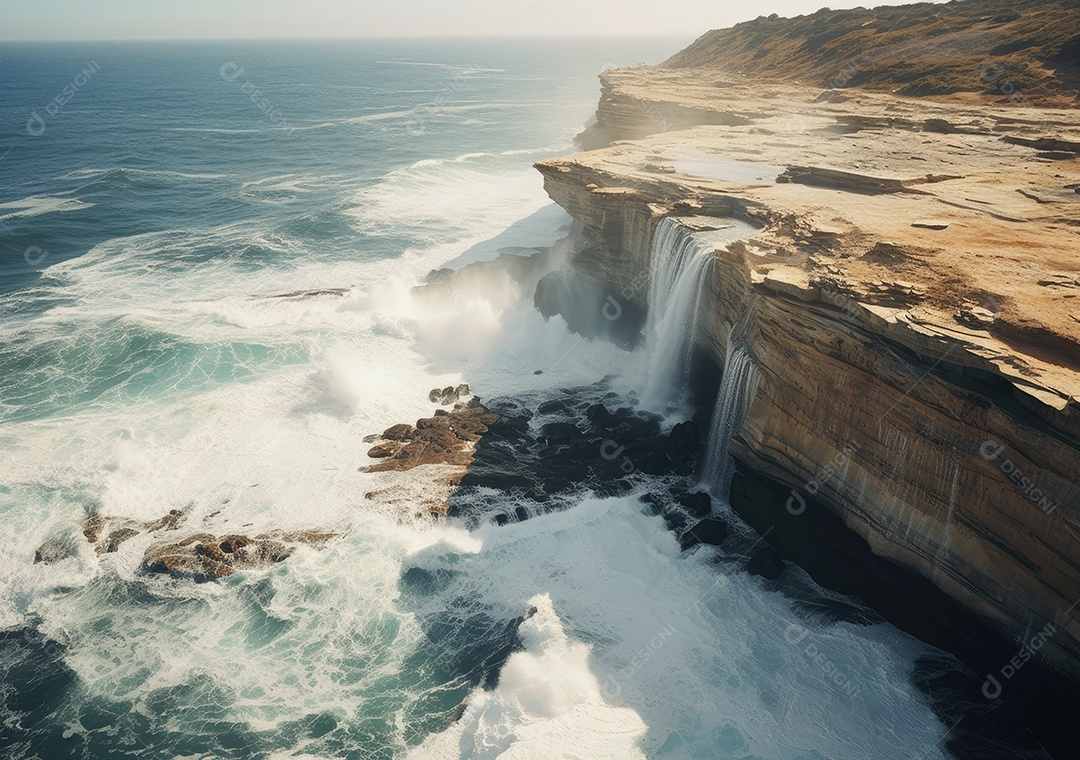 Vista aérea do litoral rochoso. Ondas batendo nas rochas. Vista aérea do mar, mar cinematográfico e vista para a montanha.