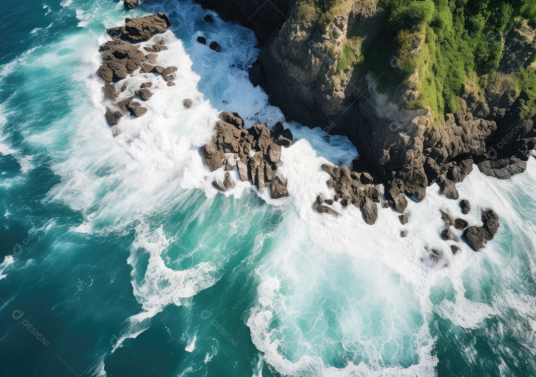 Vista aérea do litoral rochoso. Ondas batendo nas rochas. Vista aérea do mar, mar cinematográfico e vista para a montanha.