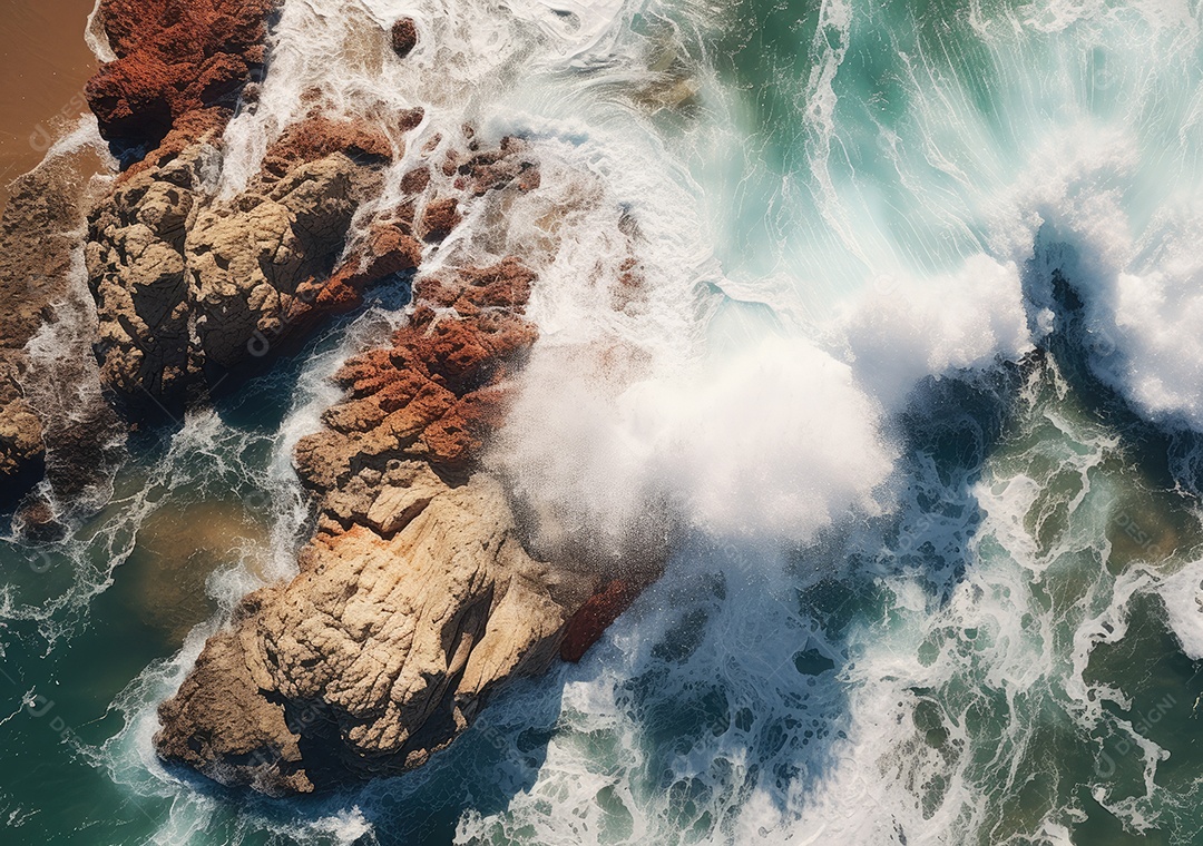 Vista aérea do litoral rochoso. Ondas batendo nas rochas. Vista aérea do mar, mar cinematográfico e vista para a montanha.