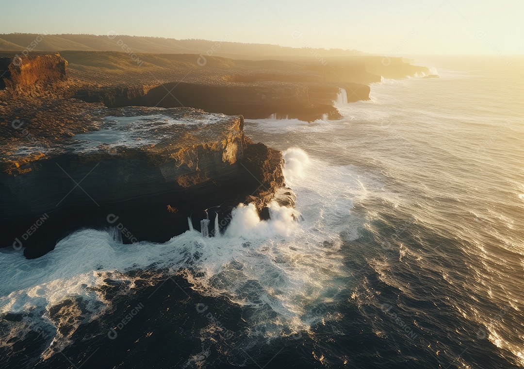Vista aérea do litoral rochoso. Ondas batendo nas rochas. Vista aérea do mar, mar cinematográfico e vista para a montanha.