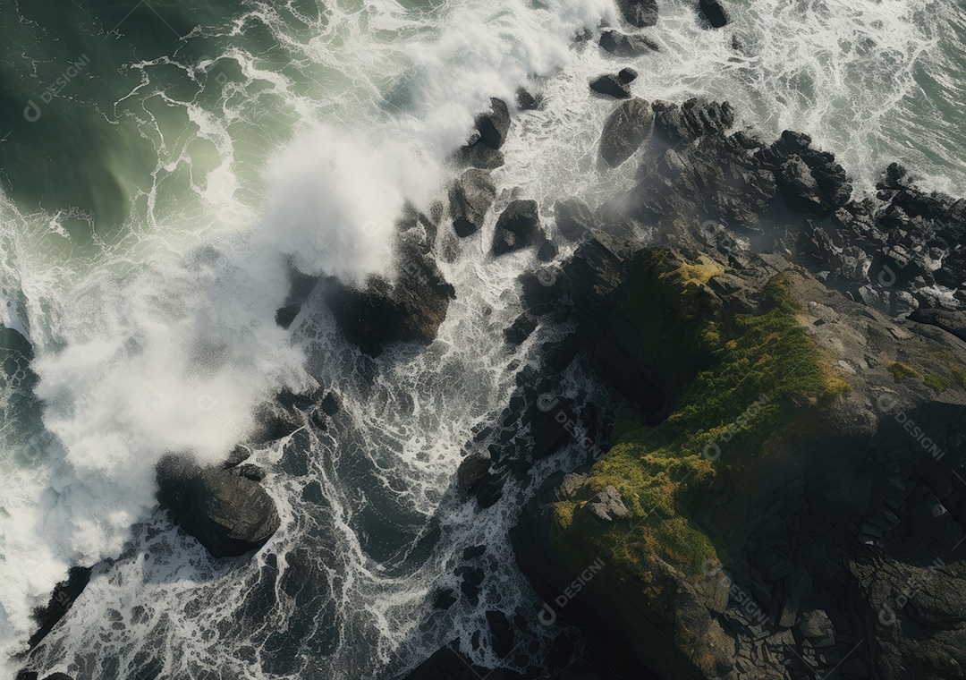 Vista aérea do litoral rochoso. Ondas batendo nas rochas. Vista aérea do mar, mar cinematográfico e vista para a montanha.