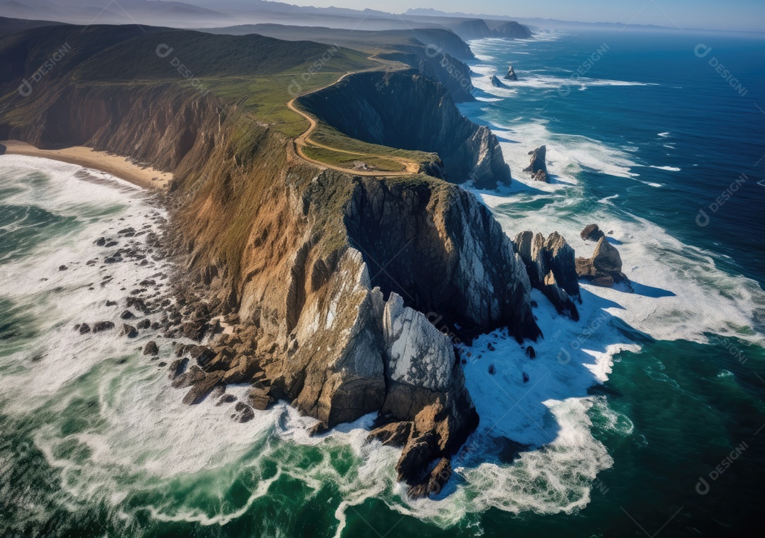 Vista aérea do litoral rochoso. Ondas batendo nas rochas. Vista aérea do mar, mar cinematográfico e vista para a montanha.