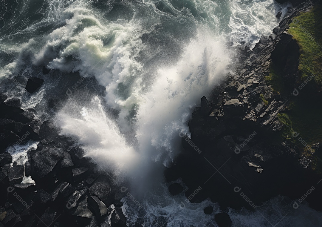 Vista aérea do litoral rochoso. Ondas batendo nas rochas. Vista aérea do mar, mar cinematográfico e vista para a montanha.