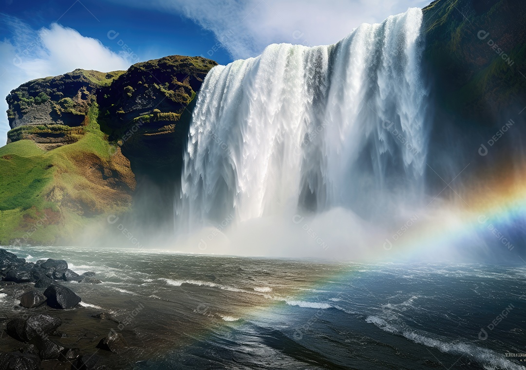 Cascata de cachoeira na selva na floresta tropical com rocha e lagoa azul turquesa. arco-íris.