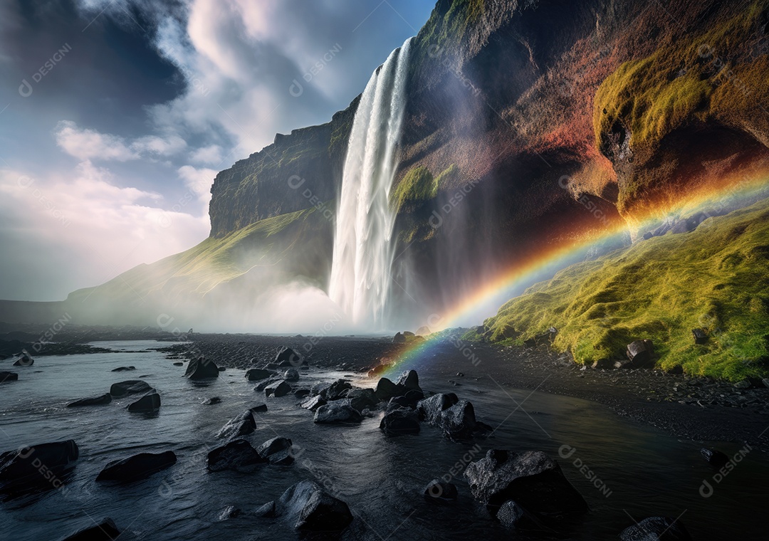 Cascata de cachoeira na selva na floresta tropical com rocha e lagoa azul turquesa. arco-íris.