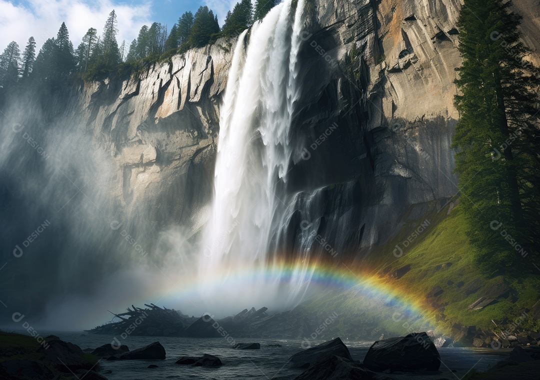 Cascata de cachoeira na selva na floresta tropical com rocha e lagoa azul turquesa. arco-íris.