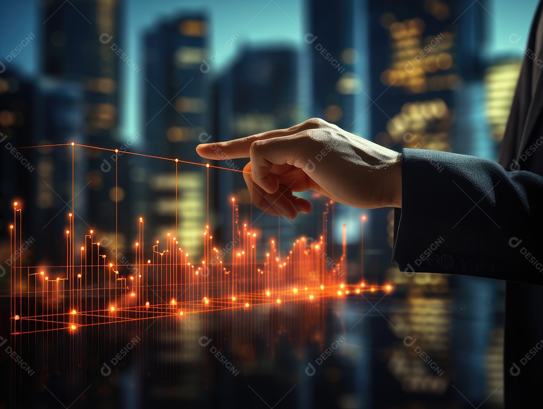 Mão do empresário apontando toque para traçar metas financeiras. barbatana