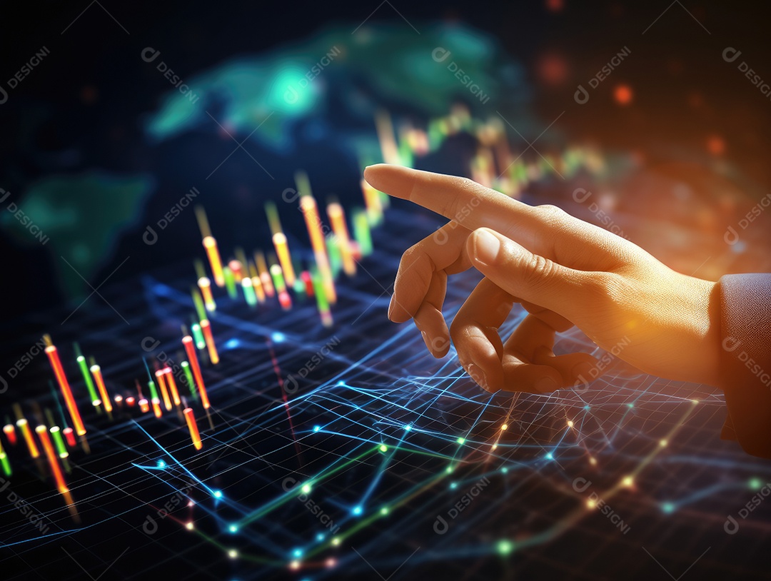 Mão do empresário apontando toque para traçar metas financeiras. barbatana