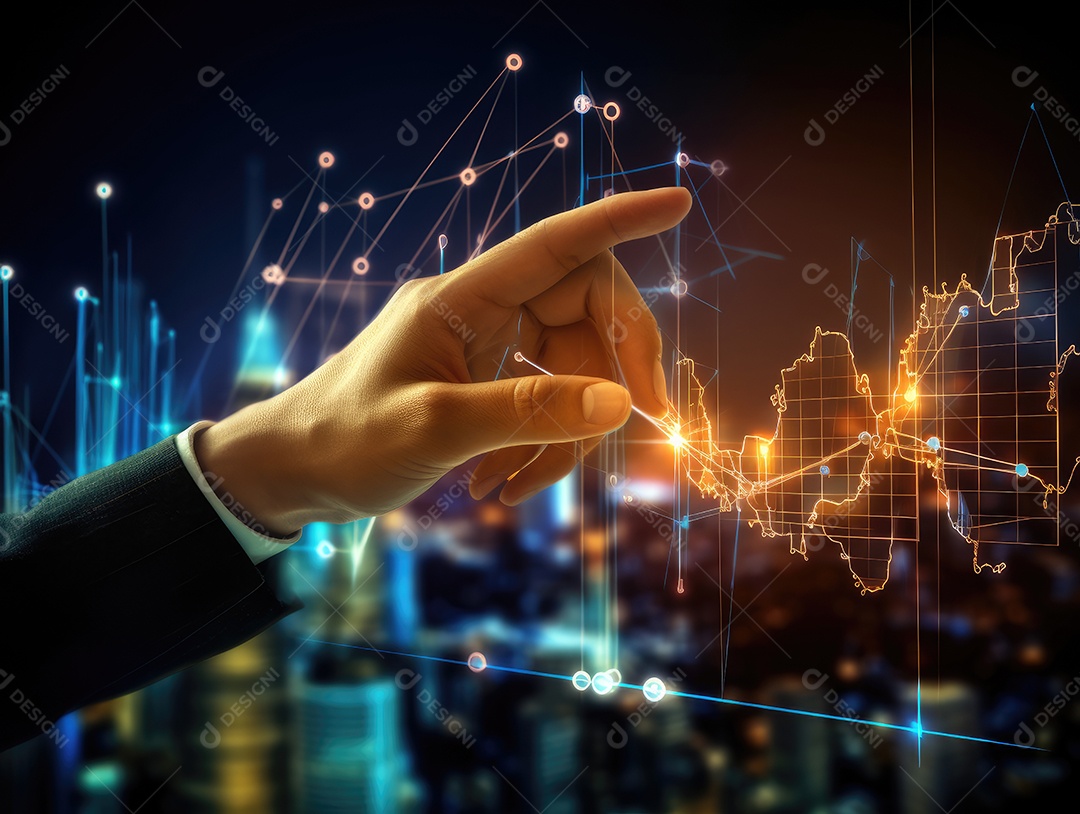 Mão do empresário apontando toque para traçar metas financeiras. barbatana