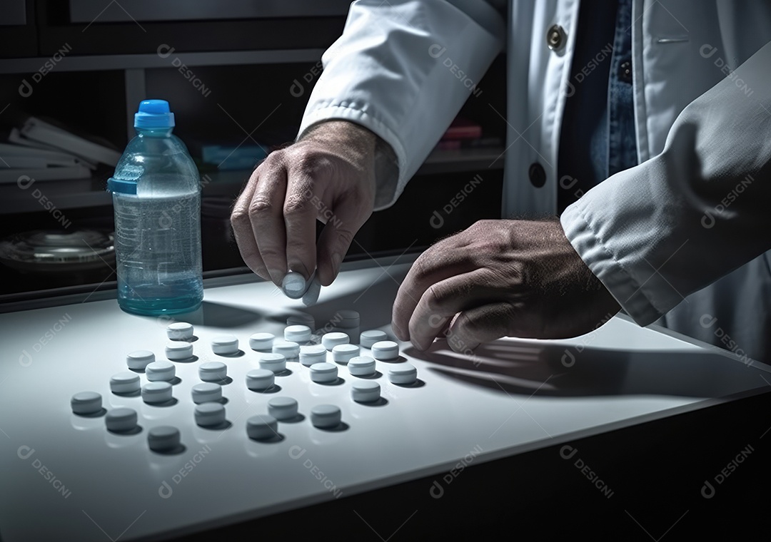 Médico colocando comprimidos em frascos para os pacientes. IA generativa.