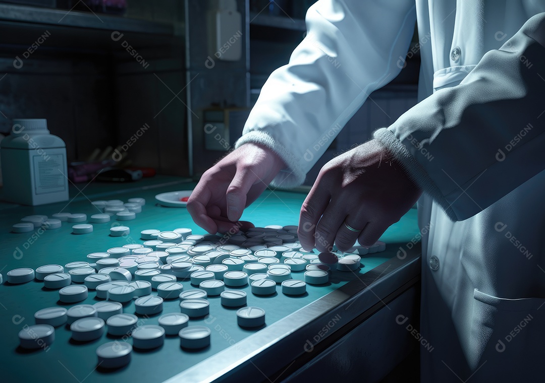 Médico colocando comprimidos em frascos para os pacientes. IA generativa.