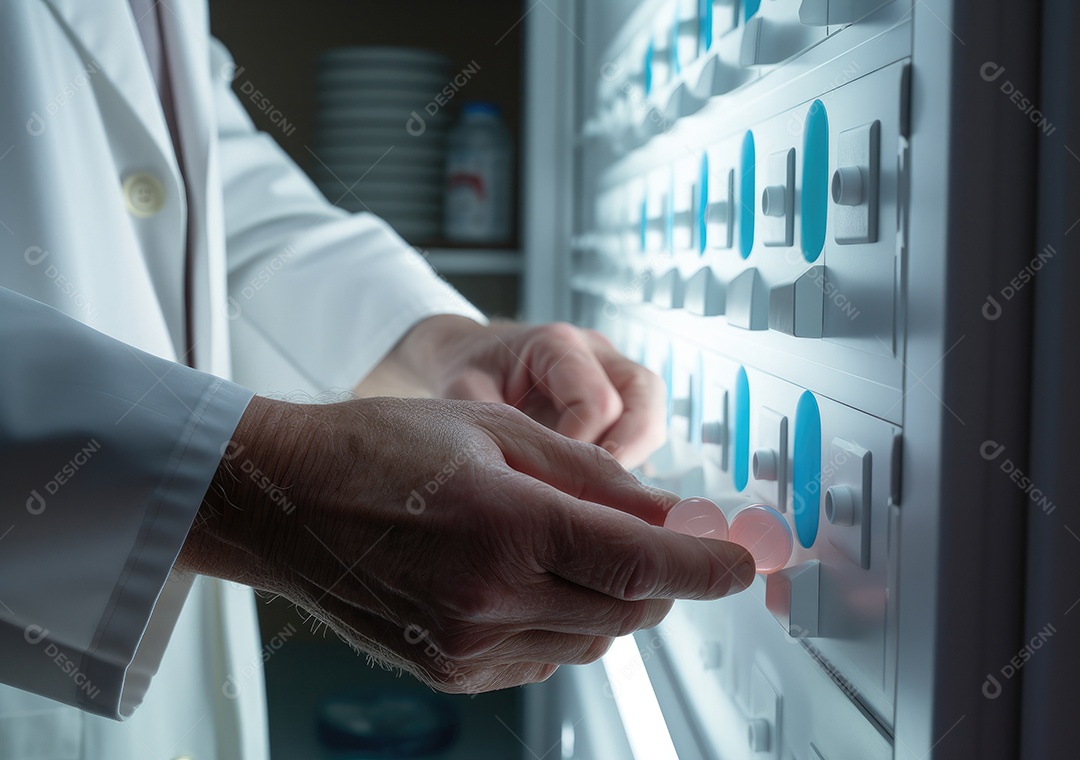 Feche o médico colocando comprimidos em frascos para os pacientes. IA generativa.