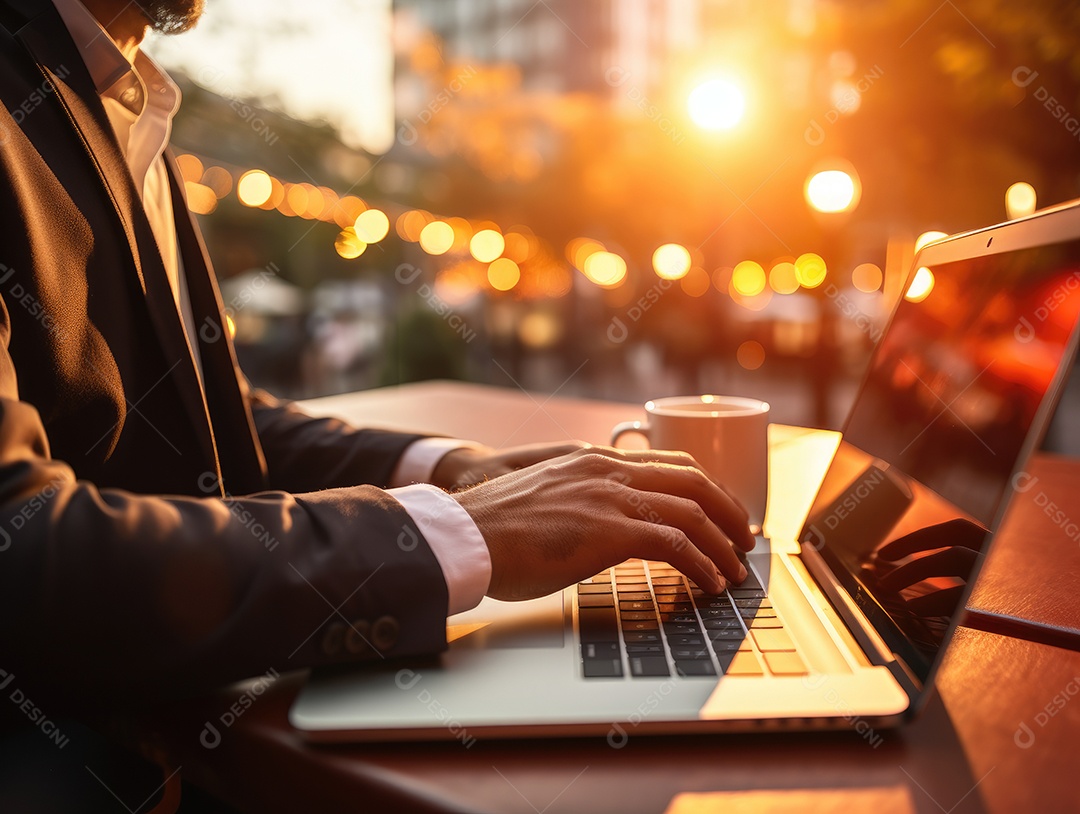 Mão do empresário usando laptop, sem porta café